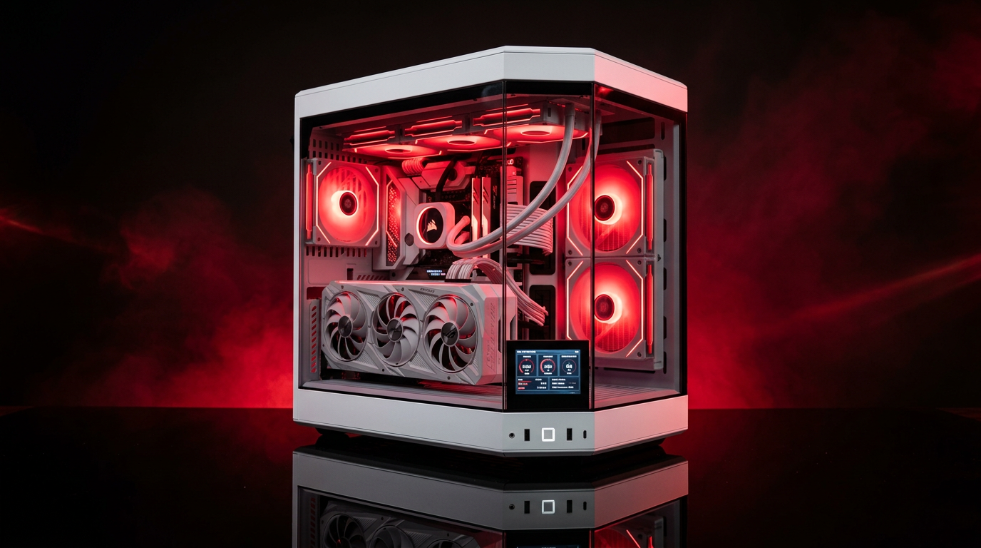 White gaming PC with red-lit fans against a dark red studio backdrop