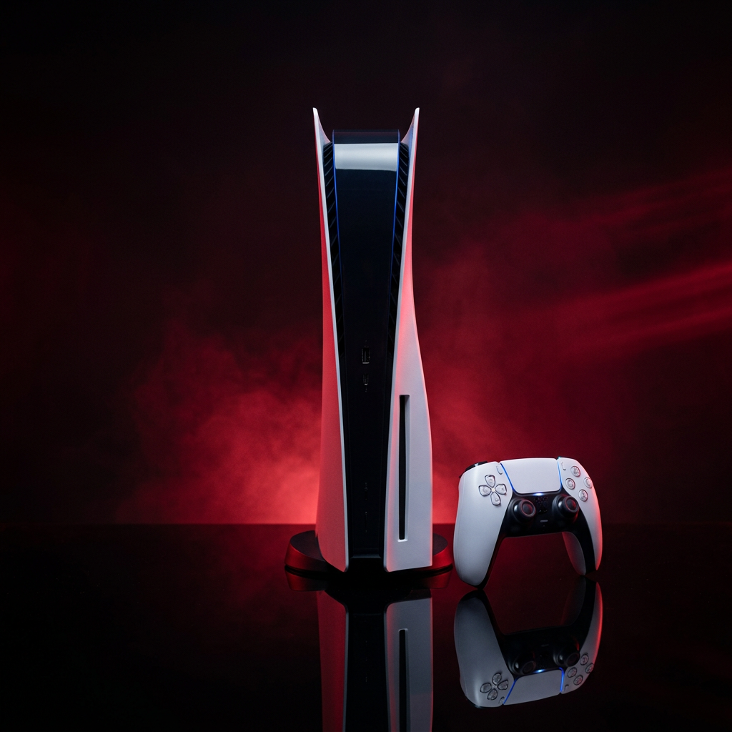 White PlayStation 5 console and controller against a dark red studio backdrop