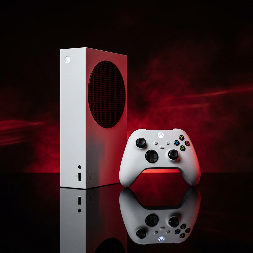White Xbox console and controller against a dark red studio backdrop